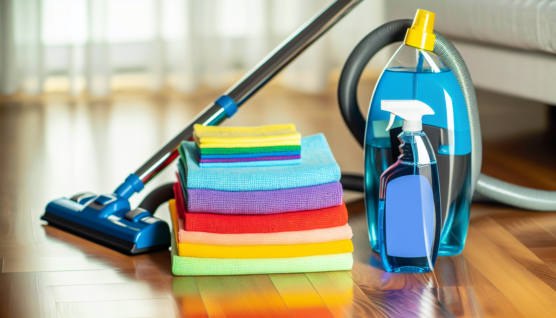 Assortment of cleaning supplies including microfiber cloths and vacuum cleaner