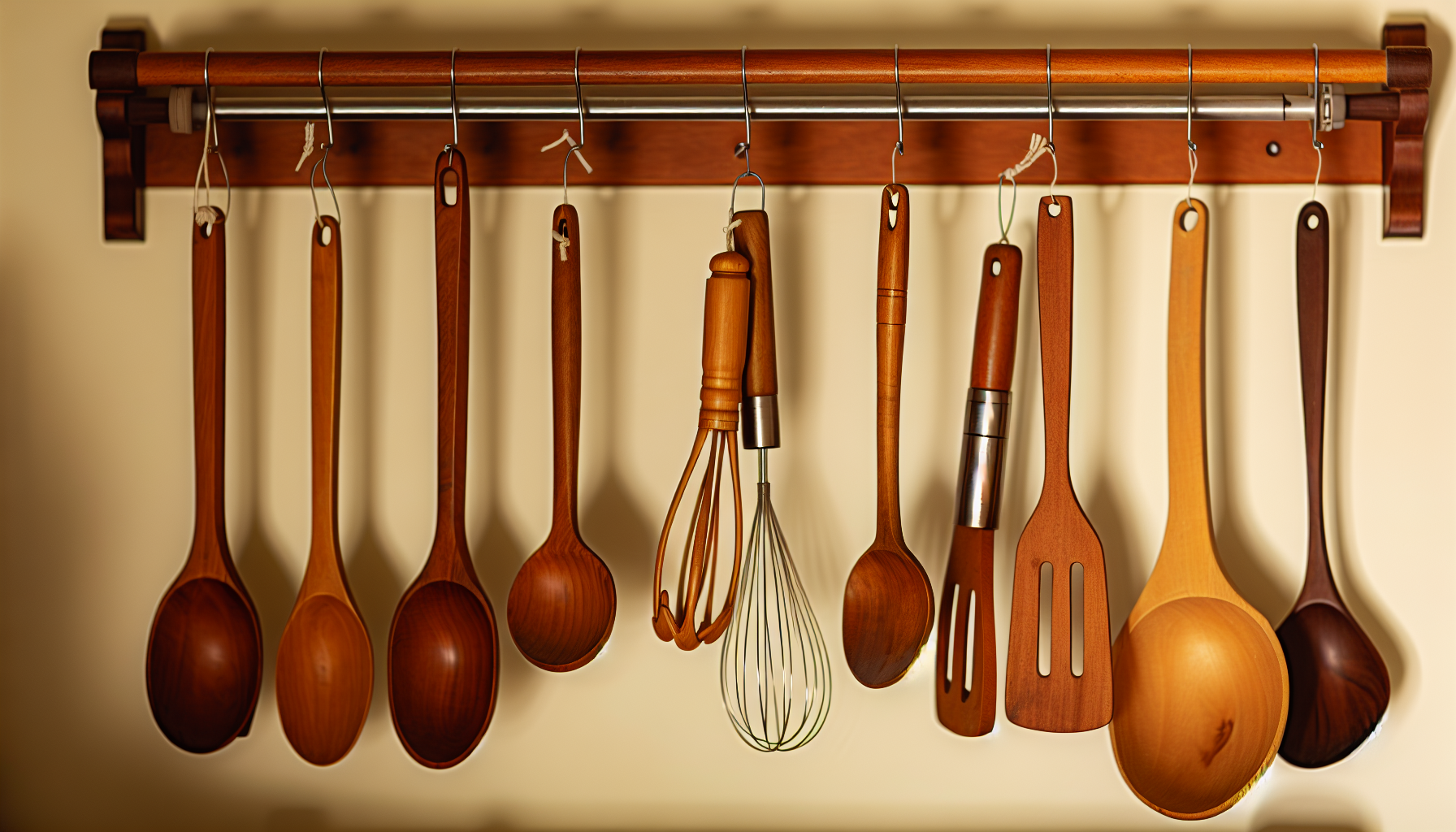 Wooden spoons, tongs, and whisks are essential cooking utensils