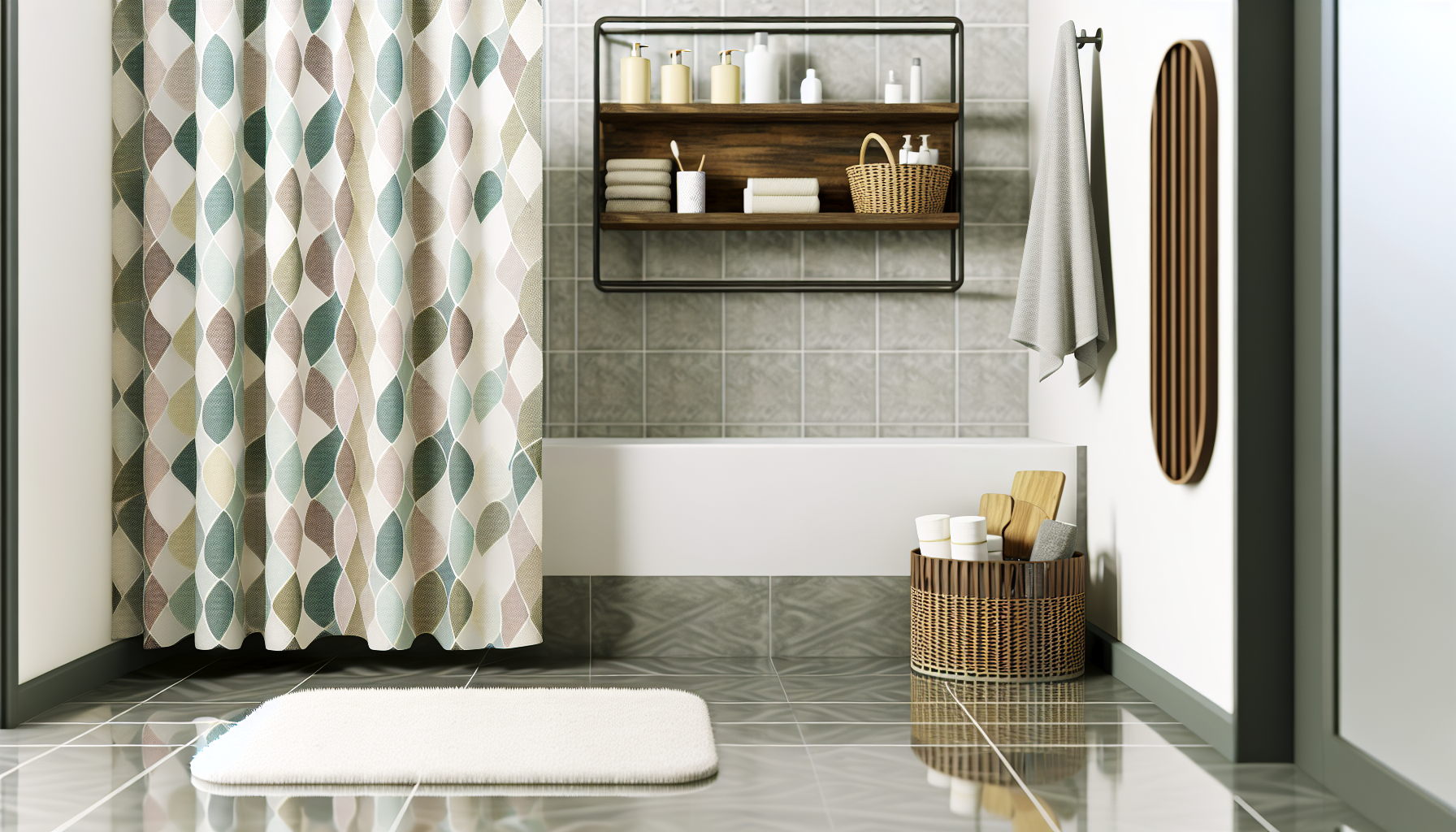 Stylish shower curtain and functional storage solutions in a bathroom