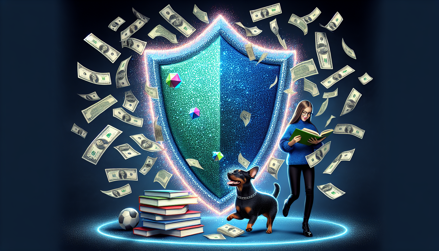 A shield protecting a college student and their pet from financial worries