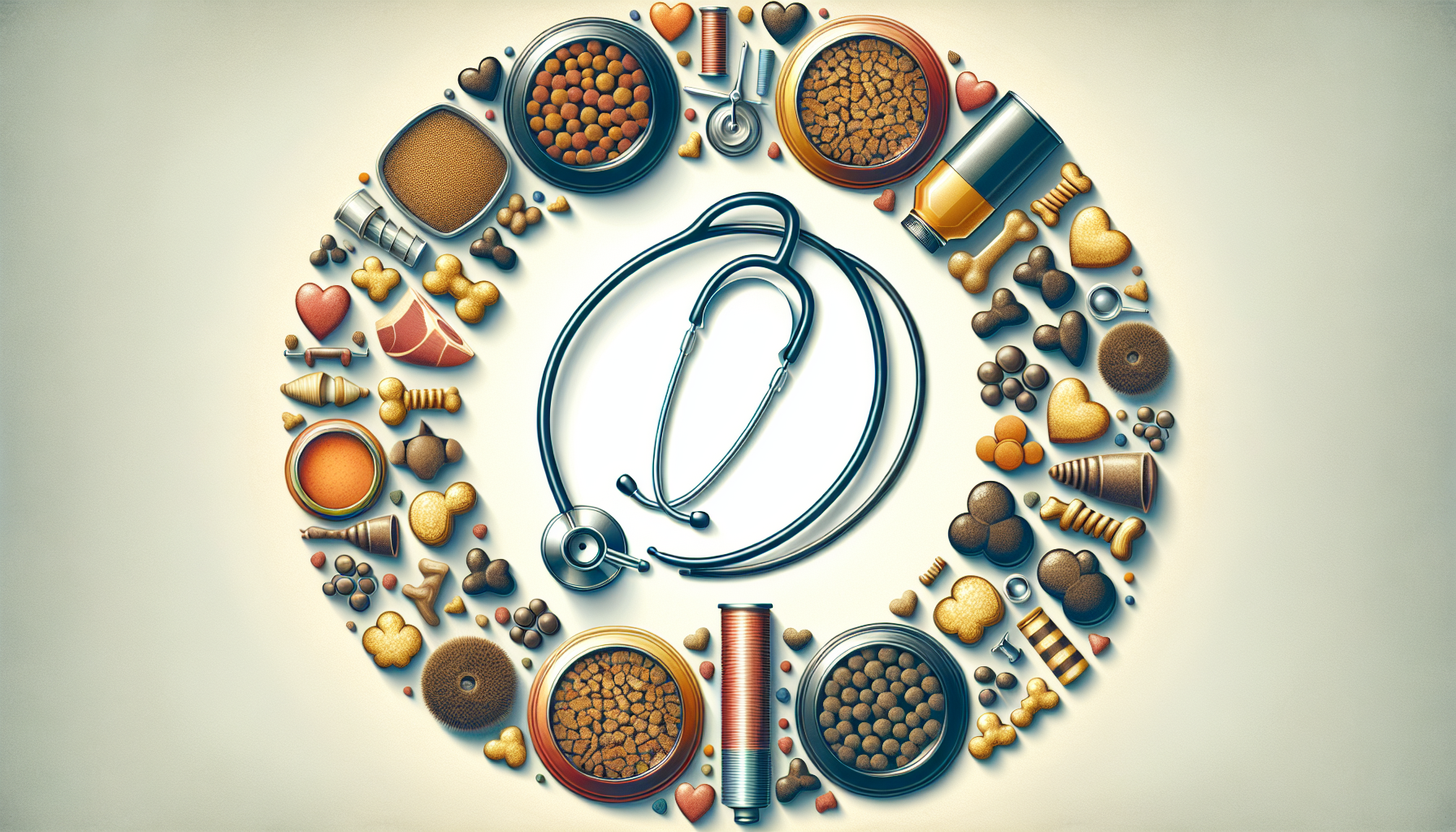 A variety of pet food and a veterinary stethoscope