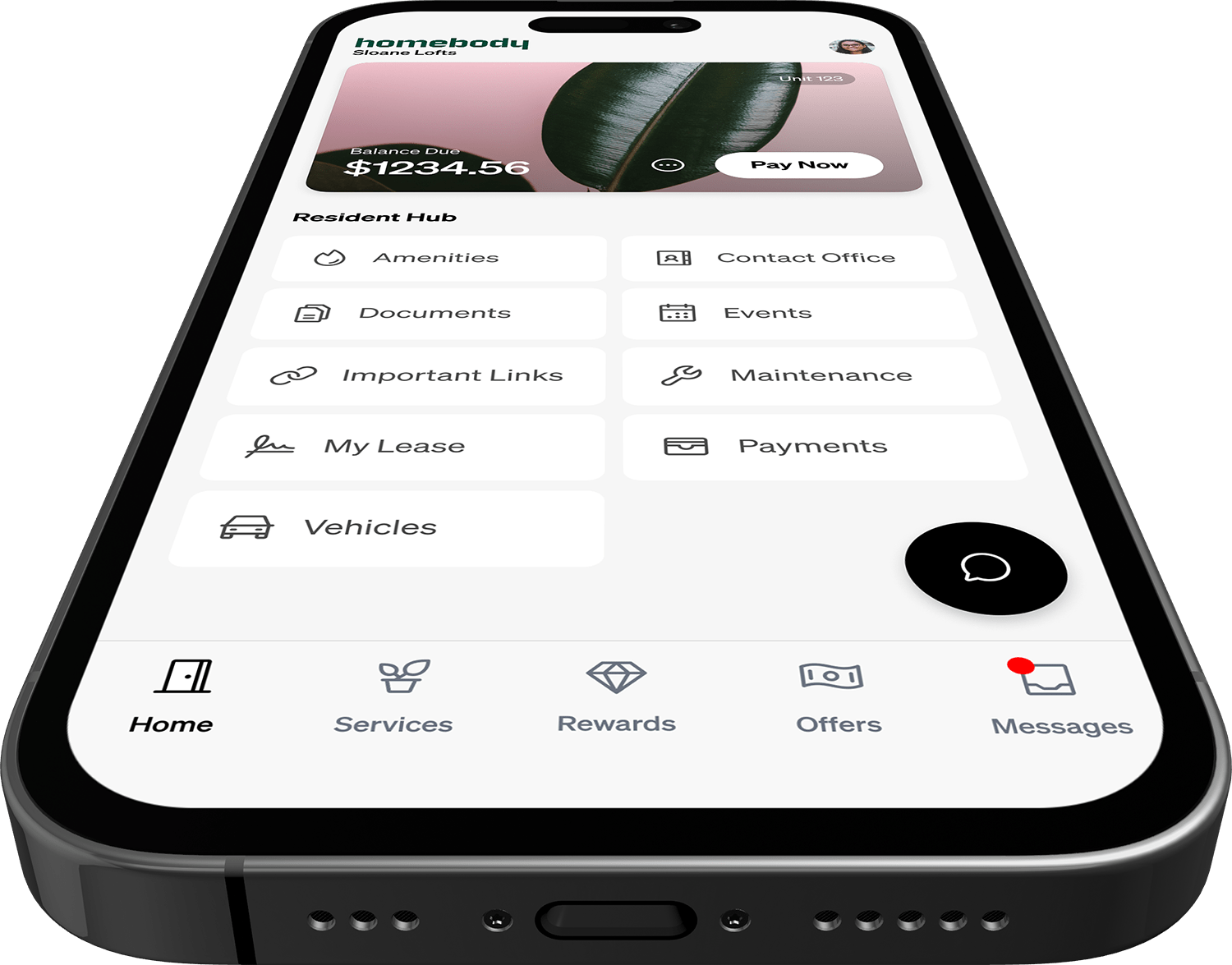 Smart phone showing the Homebody App