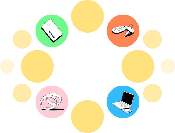 Orange Bubbles expanding from the center. There are 4 unique colored bubbles. One that is green with an illustration of a white credit card, one that is orange with an illustration of white keys, one that is pink with an illustration of white wedding bands, and one that is blue with an illustration of a white laptop