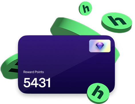 A purple card with an illustration of a diamond in the top right and a balance of 5,431 reward points in the bottom left. It is surrounded by 3d renders of falling green coins that feature a dark green homebody h on them