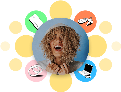 Orange Bubbles expanding from the center. There are 4 unique colored bubbles. One that is green with an illustration of a white credit card, one that is orange with an illustration of white keys, one that is pink with an illustration of white wedding bands, and one that is blue with an illustration of a white laptop. A large circle is in the center overlapping the others with a woman laughing joyfully