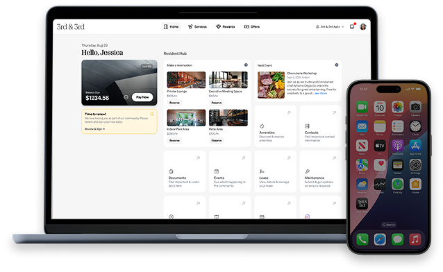 A 3d mockup of a laptop with the homebody dashboard on it overlapped by an iphone mockup that features the homescreen with a whitelabled homebody app featured