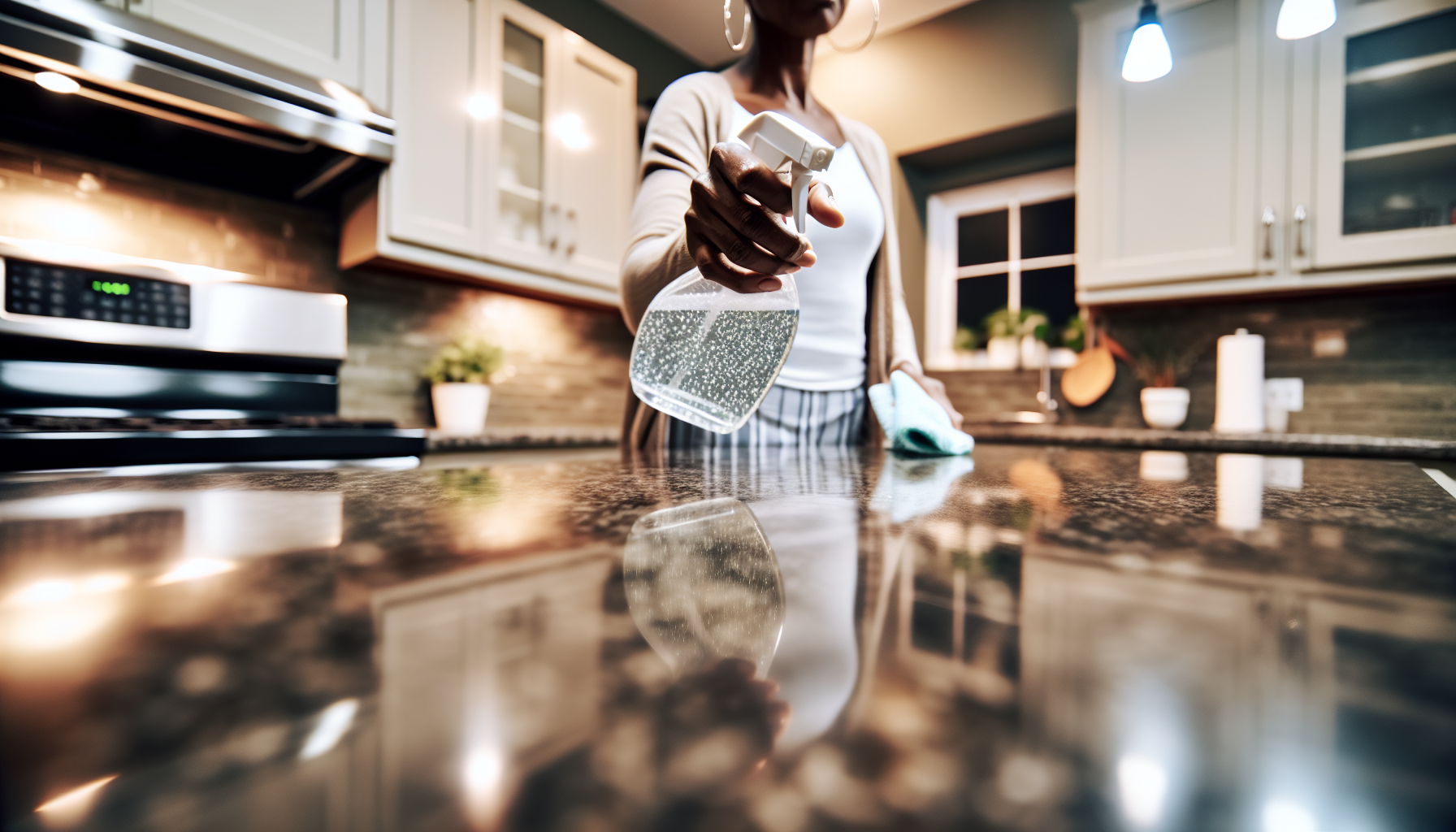 Clean kitchen countertop with disinfectant spray and cloth