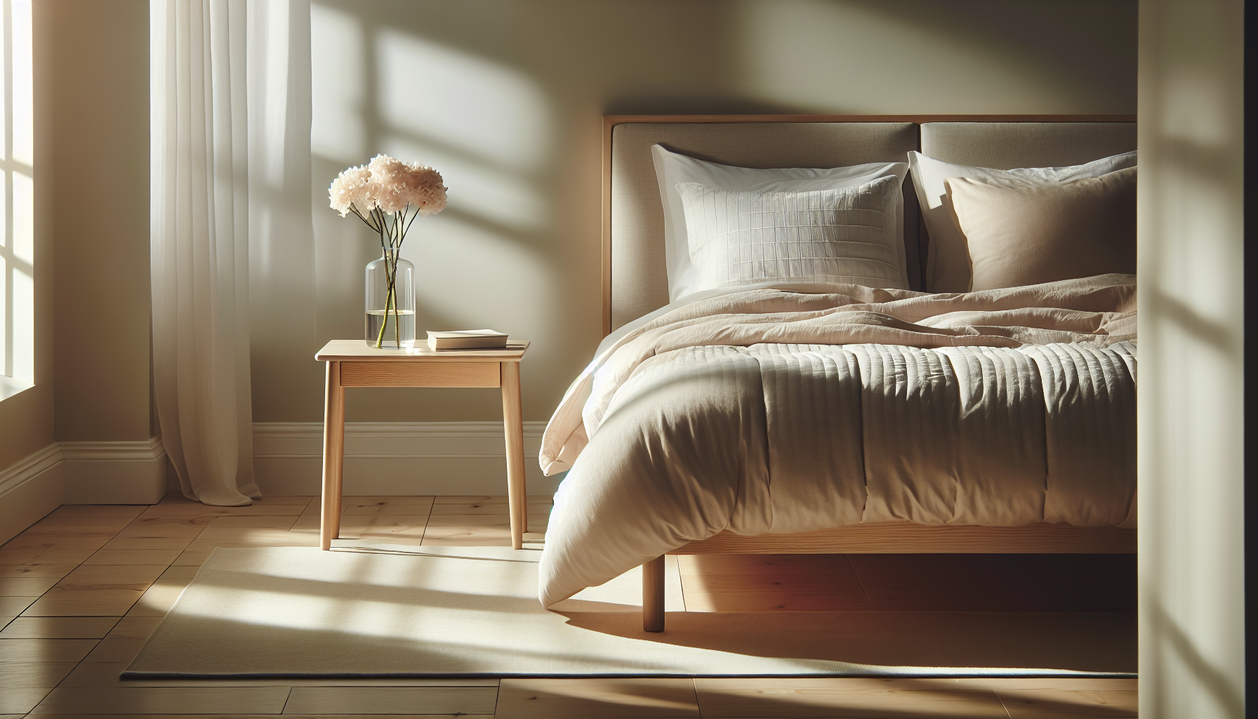 Tidy bedroom with neatly made bed